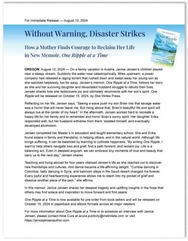 Press Release for "One Ripple at a Time" book by Janice Jensen
